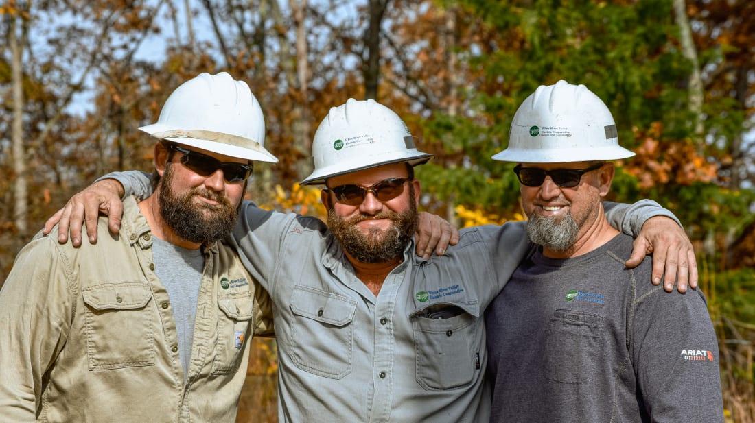 White River Valley Electric Cooperative Linemen Brandon Sullivan, Curtis King, & Chris Johnmeyer. Ozark, Missouri.  Credits: Payton Oehlschlager