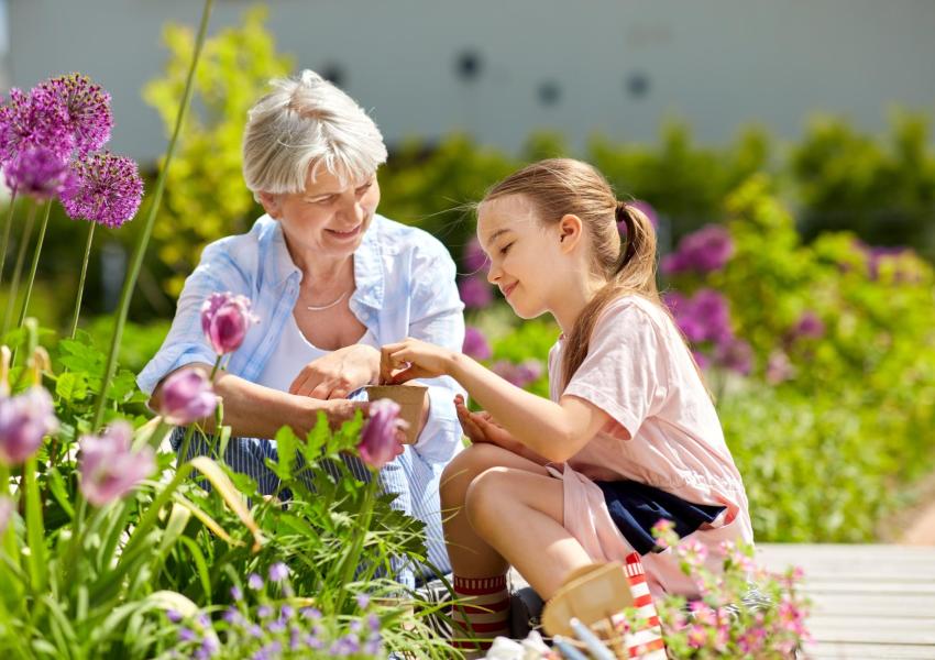 Grandma and Granddaughter working in the garden